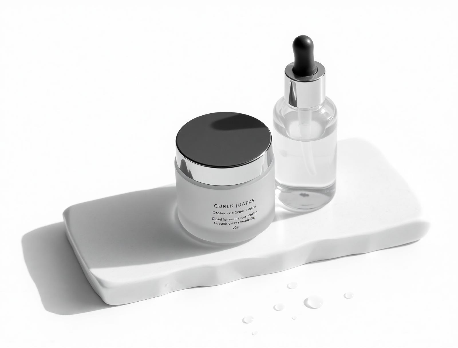 Texture skincare, pot de crème et sérum sur pierre blanche