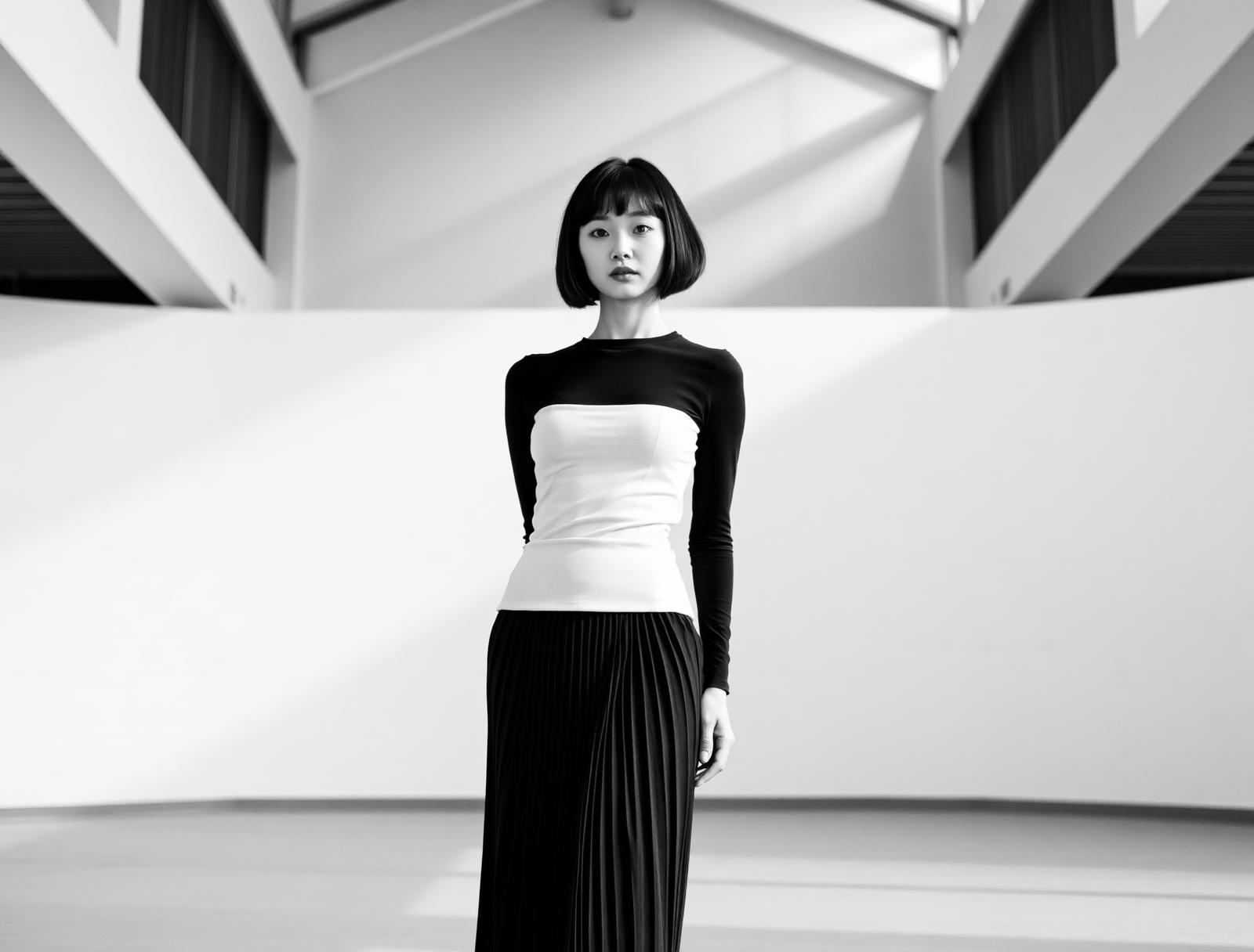 Silhouette K-fashion, jupe plissée noire et top bicolore